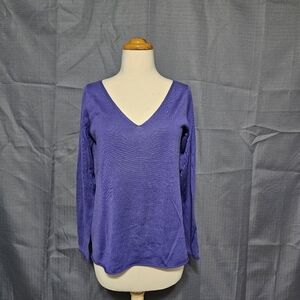 Eileen Fisher Silk Blend V-Neck Top Knit Sweater Purple Indigo Size S